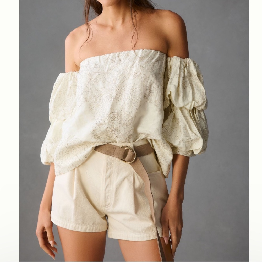 Anthropologie Off-Shoulder Cream Puff-Sleeve Top - Cream